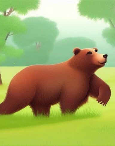 A brown bear in the lush green field