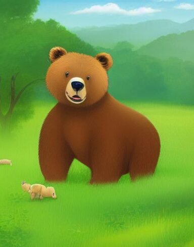 A brown bear on the lush green field