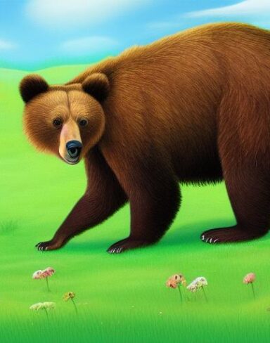 A brown bear on the lush green field
