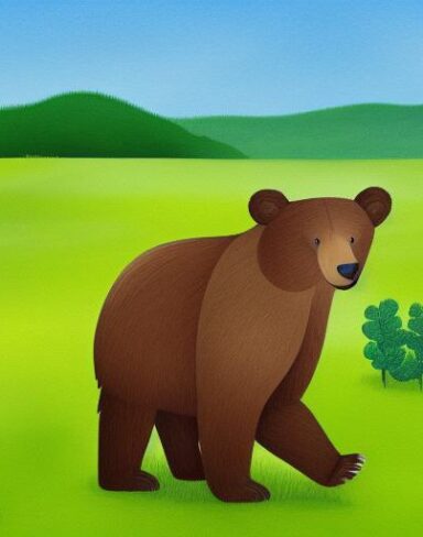 A brown bear on the lush green field