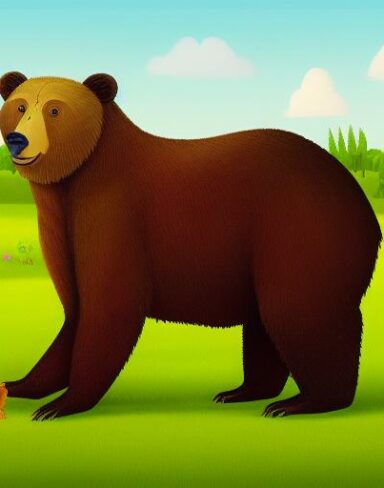 A brown bear on the lush green field