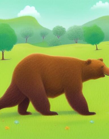 A brown bear on the lush green field
