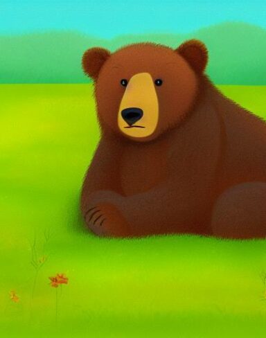 A brown bear sitting on the lush green field
