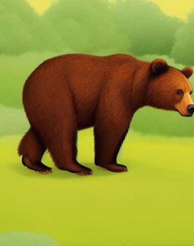 A brown bear sitting on the lush green field