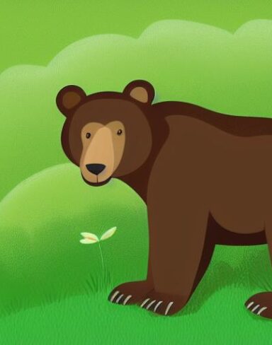 A brown bear sitting on the lush green field