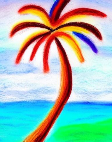 A color painting of the palm tree on a beach
