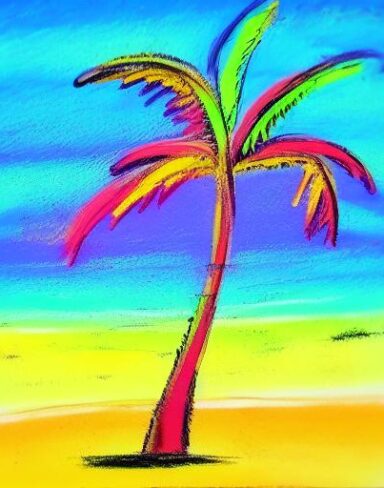 A color painting of the palm tree on a beach