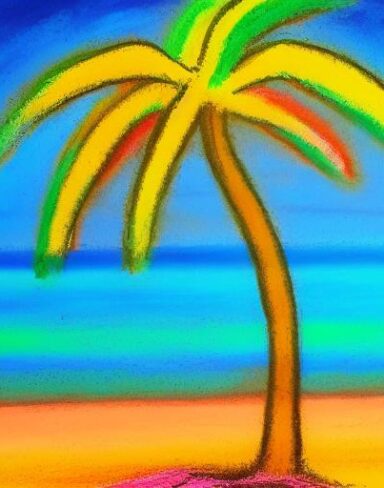 A color painting of the palm tree on a beach