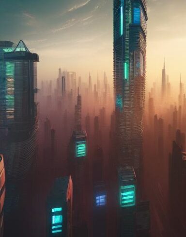 A digital city filled with lots of tall buildings