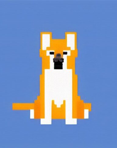 A dog sitting in front of a blue background