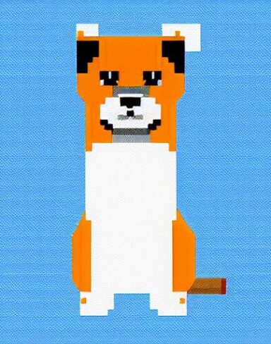 A dog sitting in front of a blue background