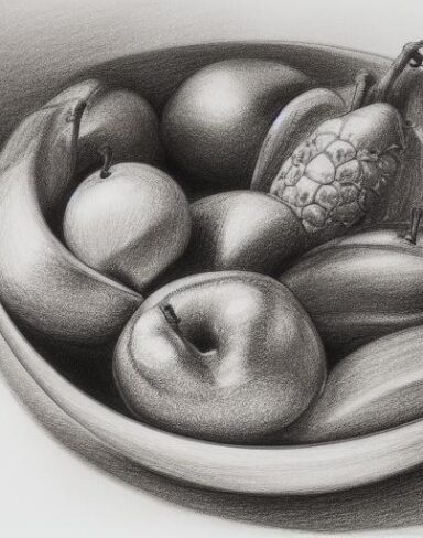 A drawing of the bowl of some fruits