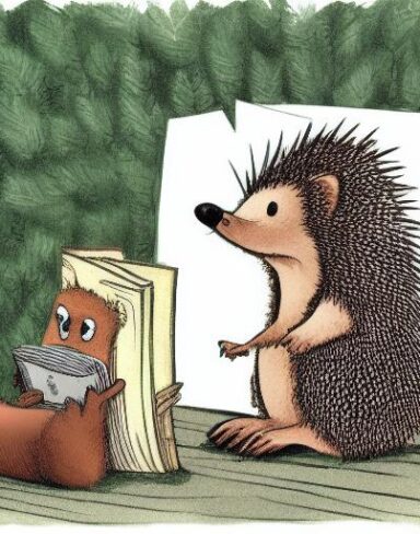 A hedge sitting on a stump reading a book