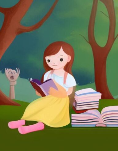 A little girl is reading a book
