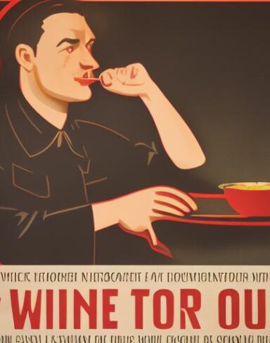 A man holding a wine glass in front of a bowl of soup