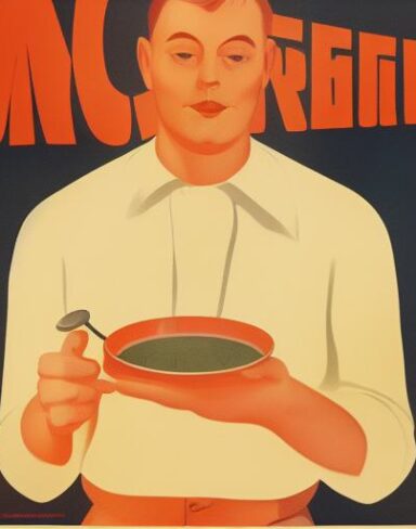 A man holding the spoon in front of a bowl of soup