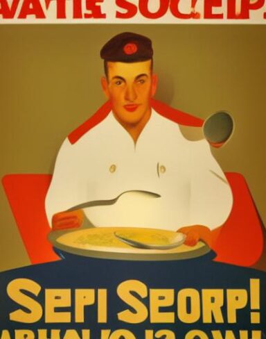 A man holding the spoon in front of a bowl of soup