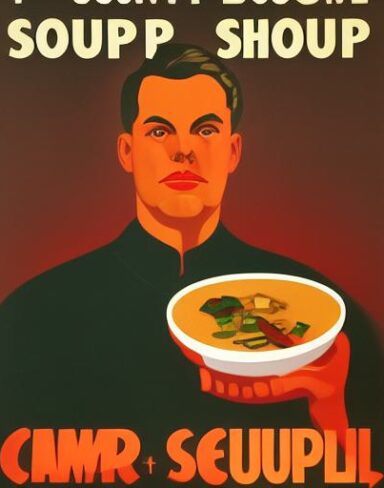 A man in front of a bowl of soup