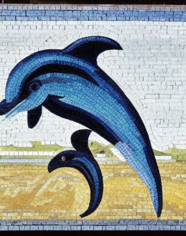 A mosaic of a dolphin in the costal inspired by Charles Ginner