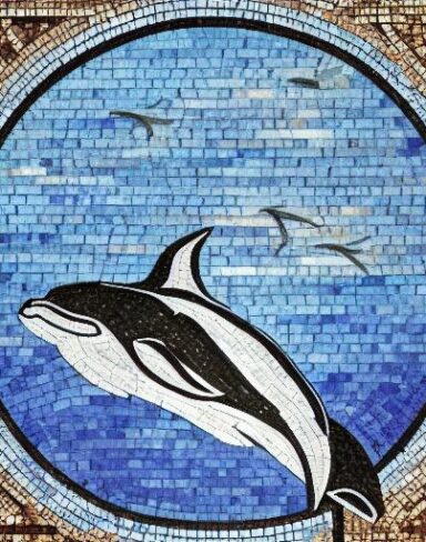 A mosaic of a dolphin in the sea