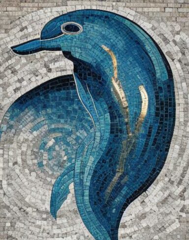A mosaic of a dolphin swimming in the marine ocean