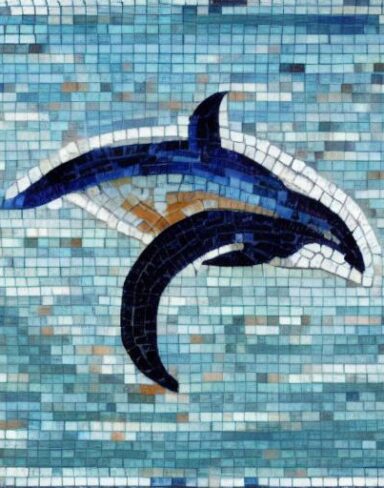A mosaic of a dolphin swimming in the marine ocean inspired
