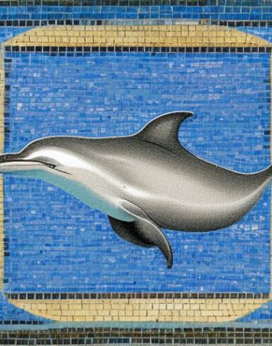A mosaic of a dolphin swimming in the marine ocean inspired by Charles Ginner