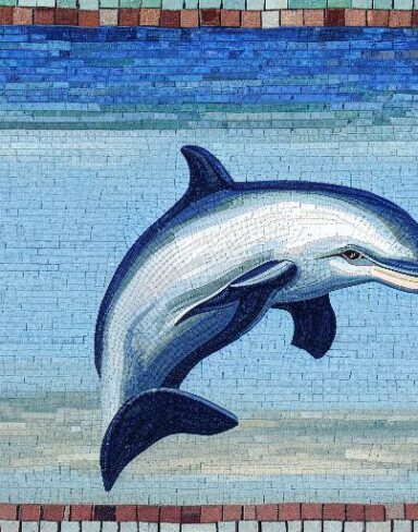 A mosaic of a dolphin swimming in the marine ocean inspired by Charles Ginner
