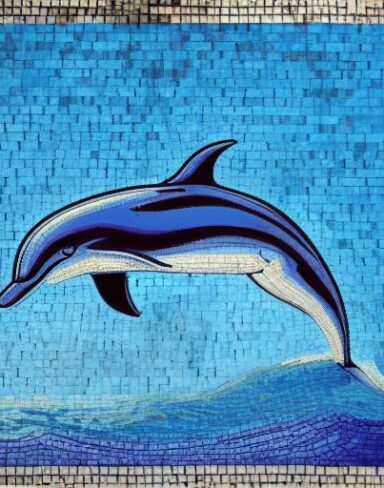 A mosaic of a dolphin swimming in the marine ocean inspired by Charles Ginner