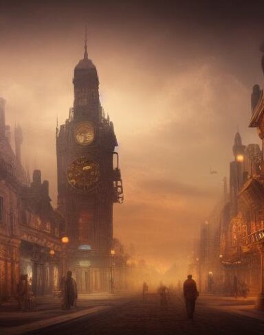 A painting of a city with a clock tower