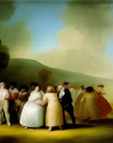 A painting of a group of couples having fun on the green land