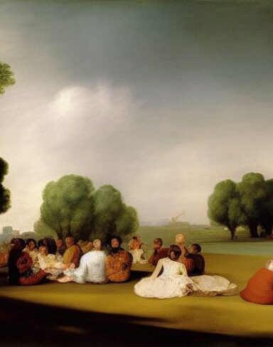 A painting of a group of people having picnic on the green land by Francisco de Holanda