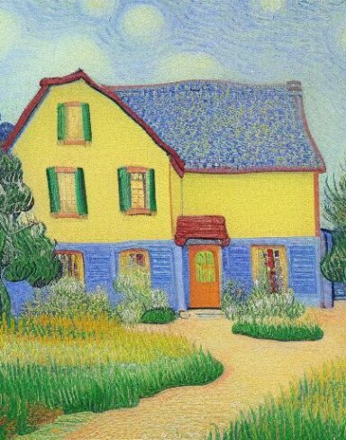 A painting of a house in garden
