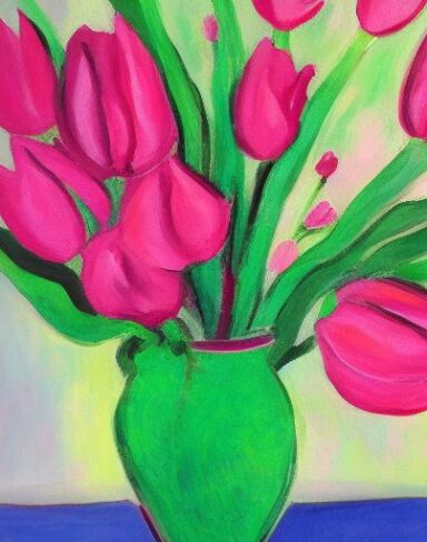A painting of few pink flowers in a vase