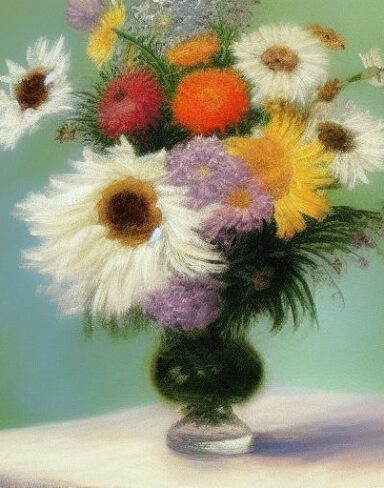 A painting of flowers in a vase on a table