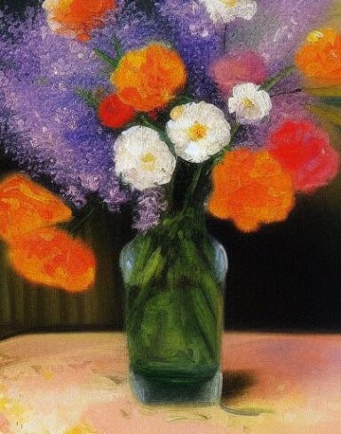 A painting of flowers in a vase on a table