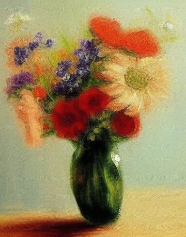 A painting of flowers in beautiful vase on the table