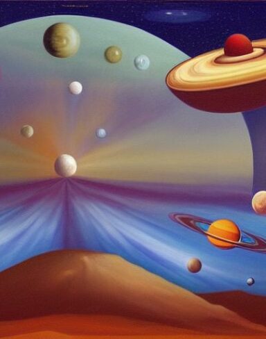A painting of several planets in space
