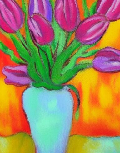 A painting of some pink flowers in a vase