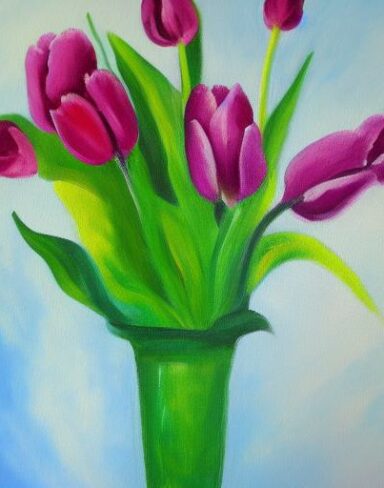 A painting of some pink flowers in a vase