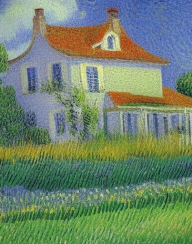 A painting of the house in a garden