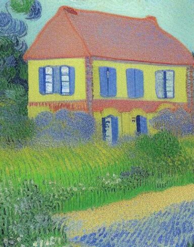 A painting of the house in a garden with flowers