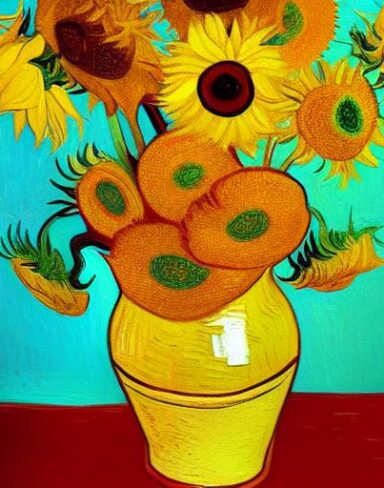 A painting of yellow sunflowers