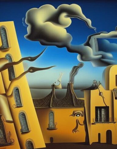 A painting on the side of a building in the sky