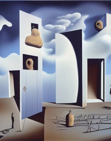 A painting on the side of a building with doors in the sky