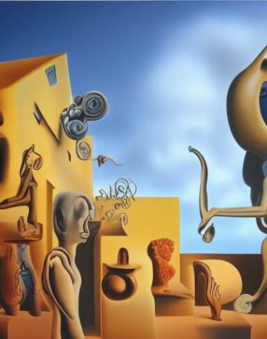 A painting on the side of a building with sculptures and sky