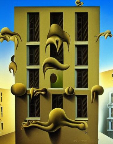 A painting on the side of a building with windows