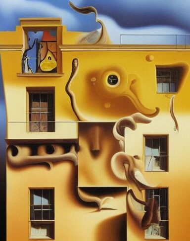 A painting on the side of a building with windows