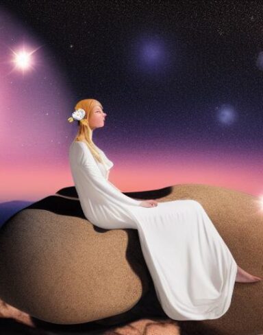 A panoramic shot painting of a woman sitting on a rock in space