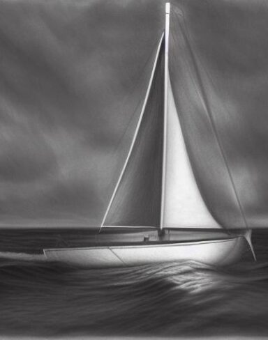 A pencil drawing of a sailboat in the water